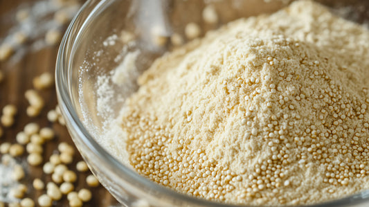 A bowl of quinoa flour and quinoa grains mixed together