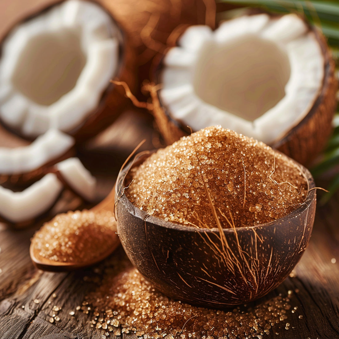 A bowl of coconut sugar and fresh coconuts 