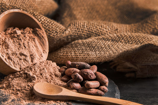 Cacao powder and cacao beans with a wooden spoon and sack 