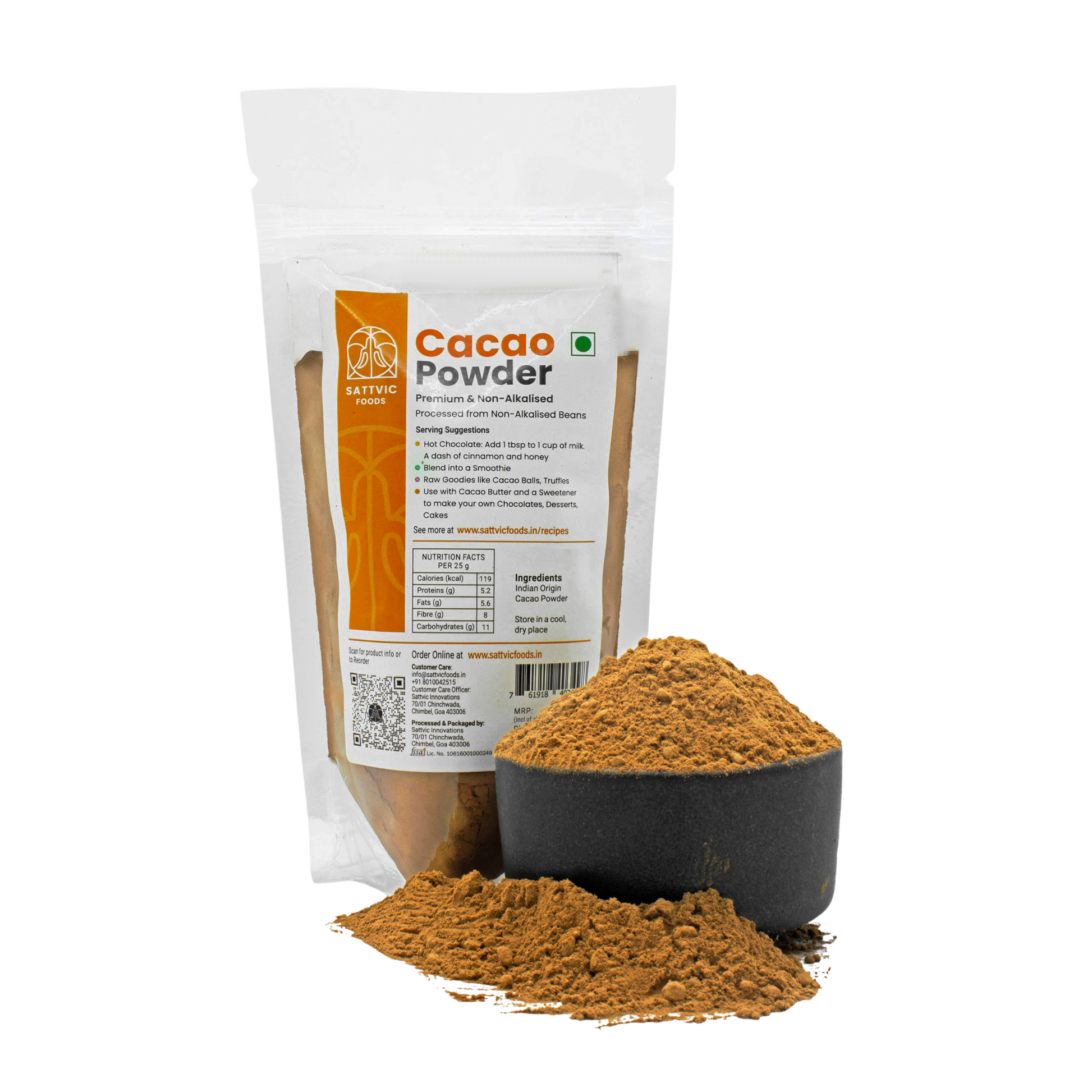 Sattvic foods raw cacao powder in a stand up pouch with a bowl of cacao powder beside it.