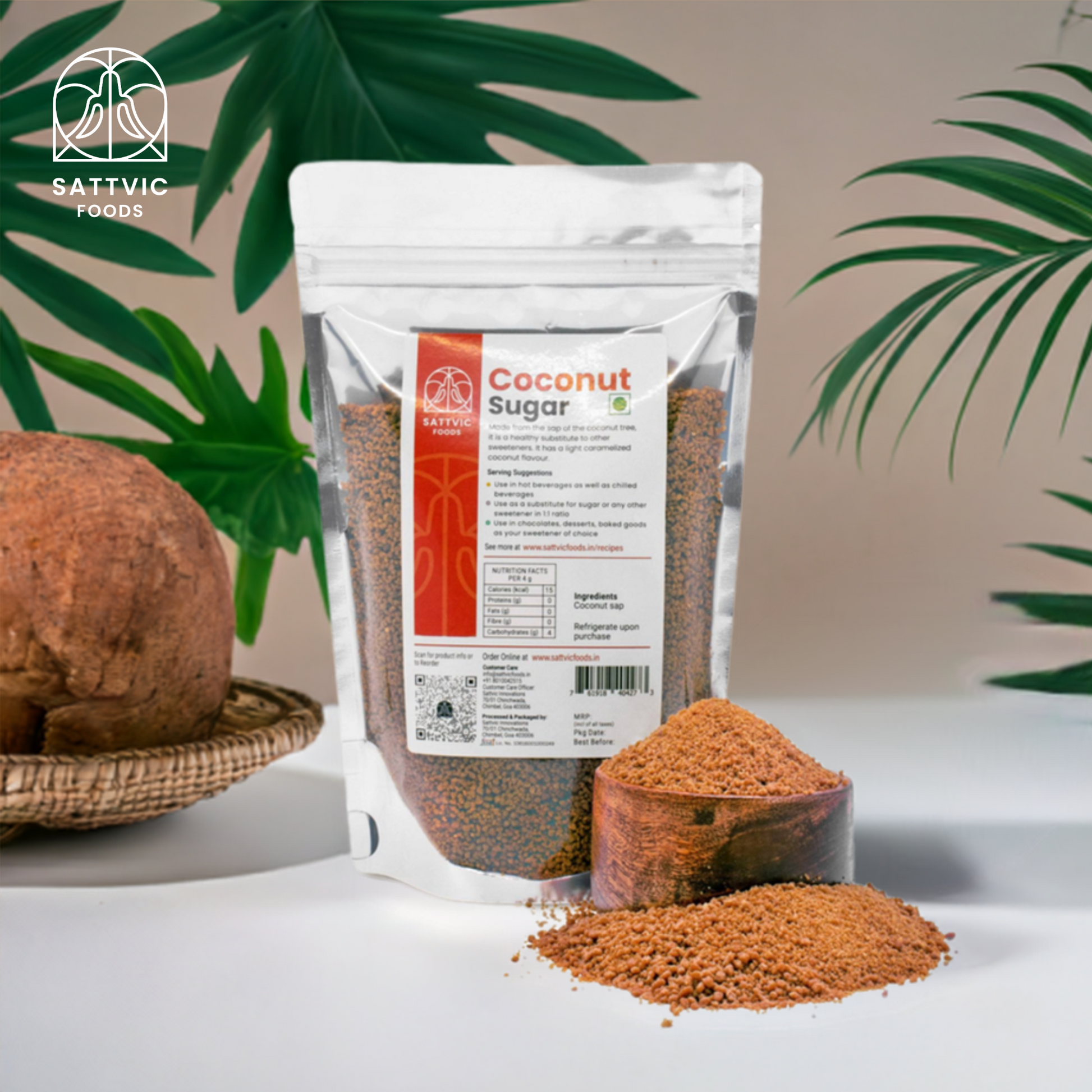 Coconut sugar in a stand up pouch with a bowl besides it