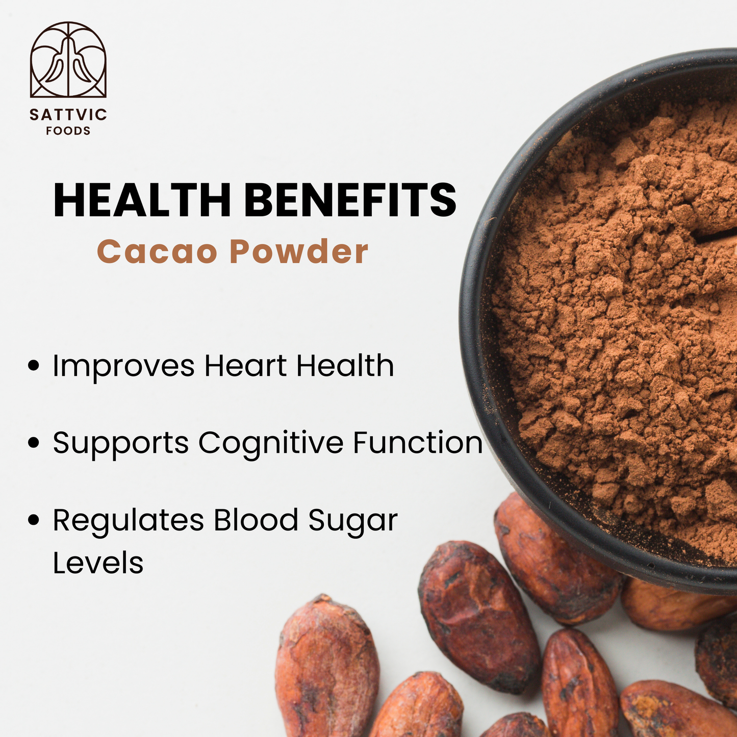 A bowl of cacao powder with cacao beans near it highlighting the health benefits of cacao powder